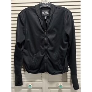 Victoria Sport Athletic Jacket Logo Pockets‎ Full Zip Size S Black Thumb Holes